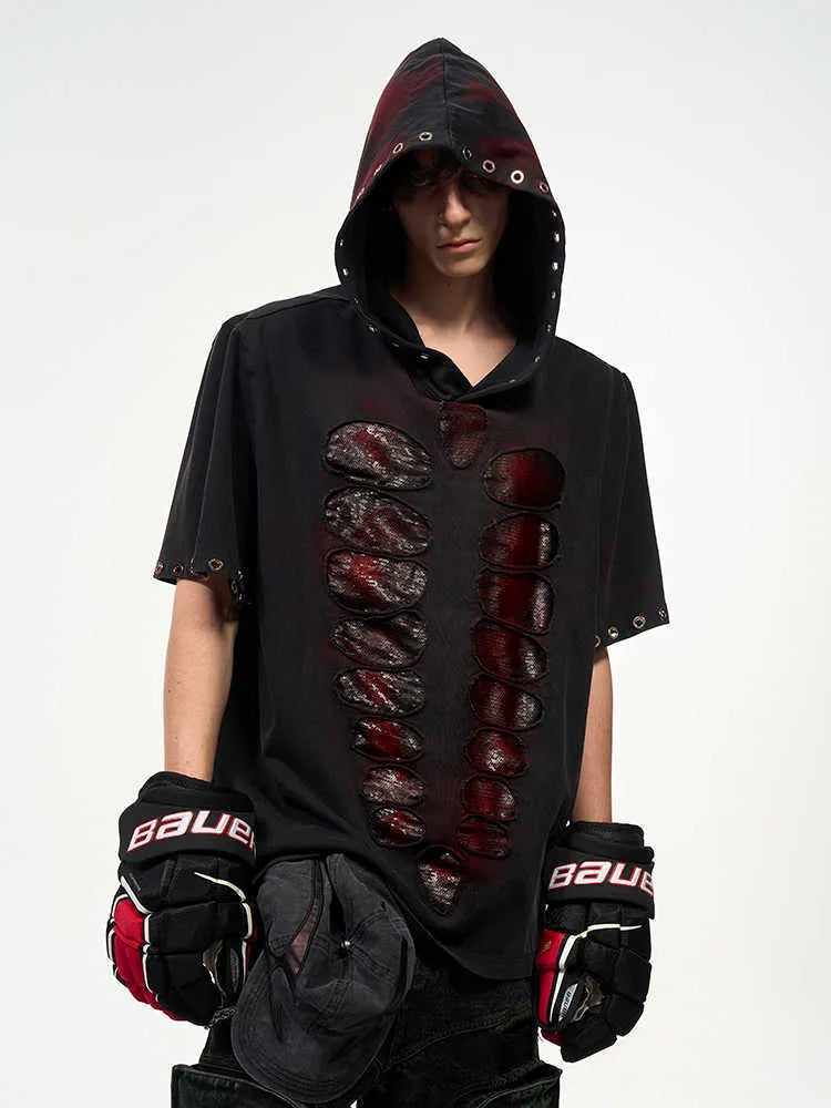 Black men's hooded short-sleeve t-shirt with all-over sequin coverage in loose fit