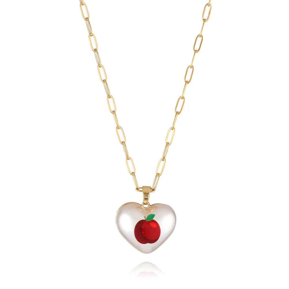 Heart-shaped fruit pendant necklace with strawberry design on adjustable metal chain