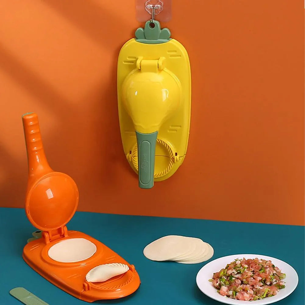 2-in-1 dumpling skin press tool in orange, made of food-grade plastic, with ergonomic handle and hanging hole