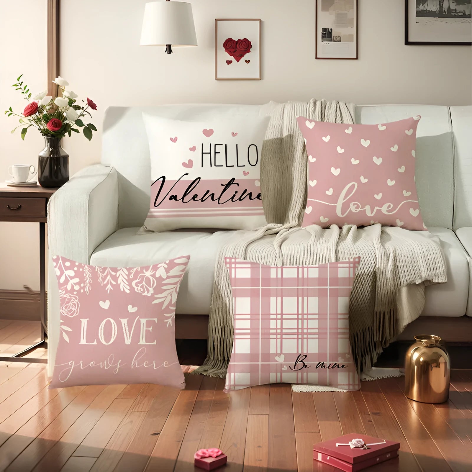 Red and white heart and plaid pattern printed on a 45cm square pillow cover for Valentine's Day.