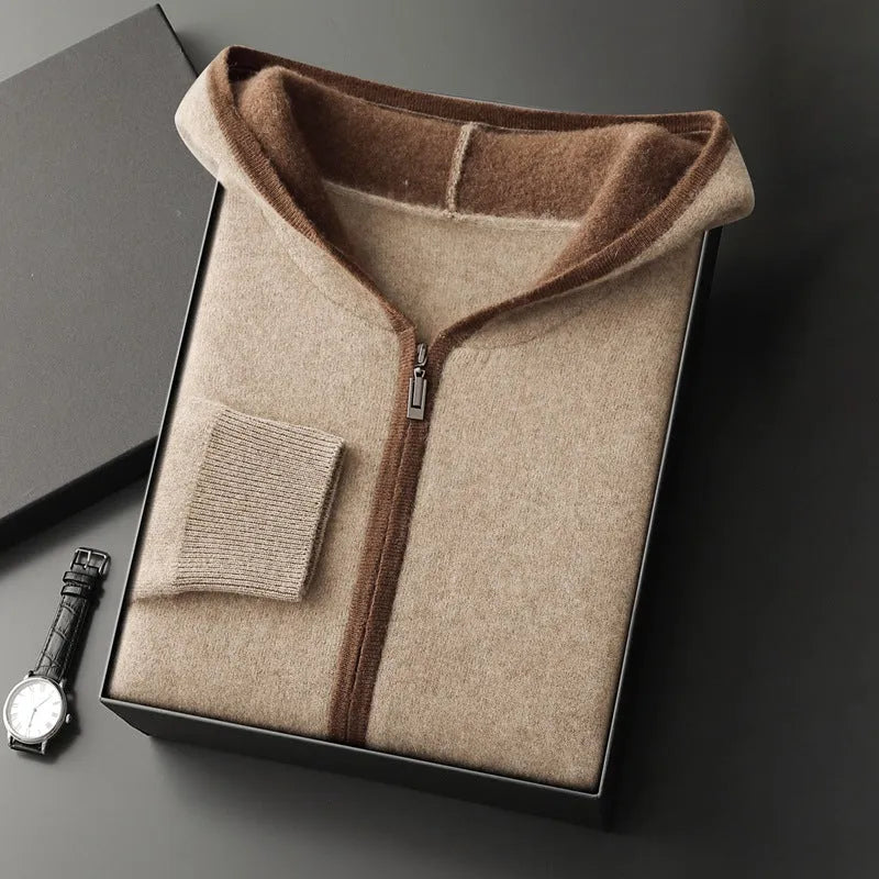 Casual zip-up hooded cashmere cardigan sweater in light gray, loose fit, thickened knit, youth styling