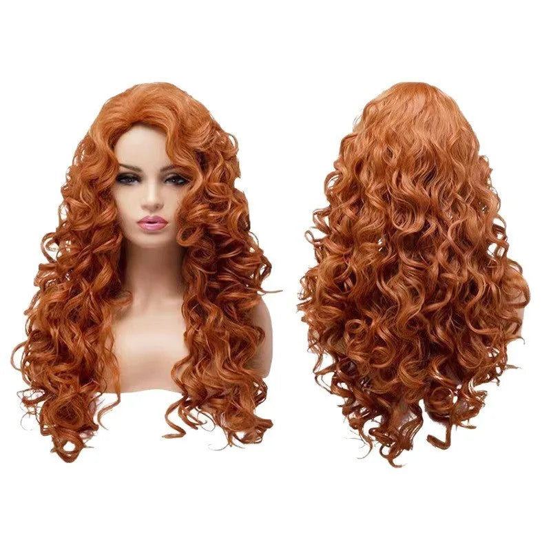 Brown long curly synthetic wig with wavy texture and heat-resistant fibres