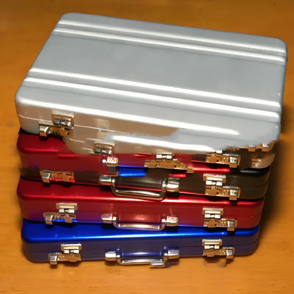Aluminium alloy metal card holder in six colour options showing red, blue, black, silver, pink and gold variants