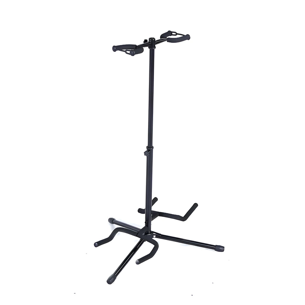 Black vertical double-headed iron guitar stand holding an acoustic guitar upright.