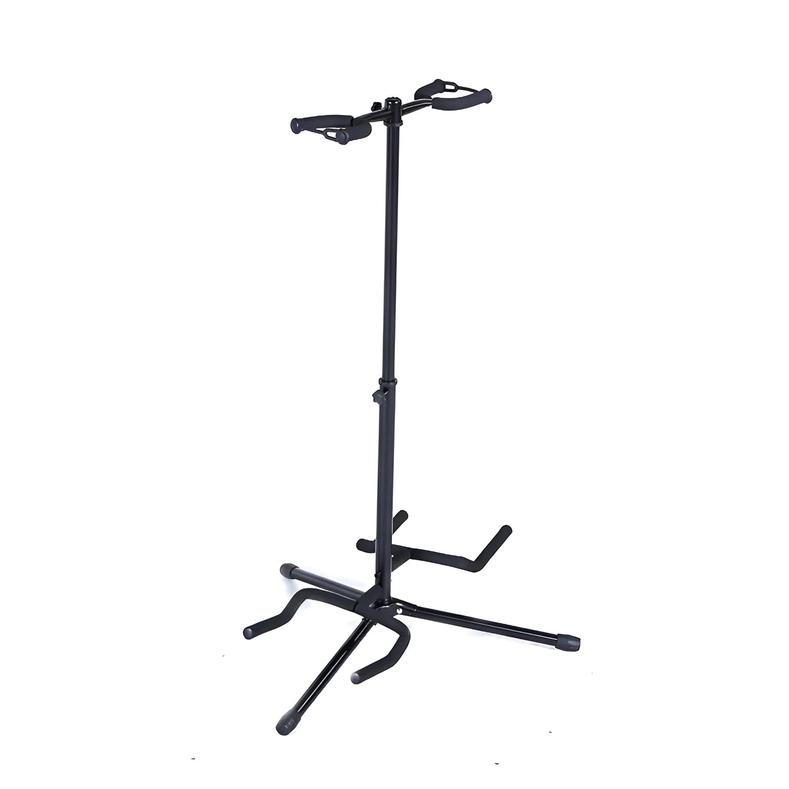Black vertical double-headed iron guitar stand holding an acoustic guitar upright.