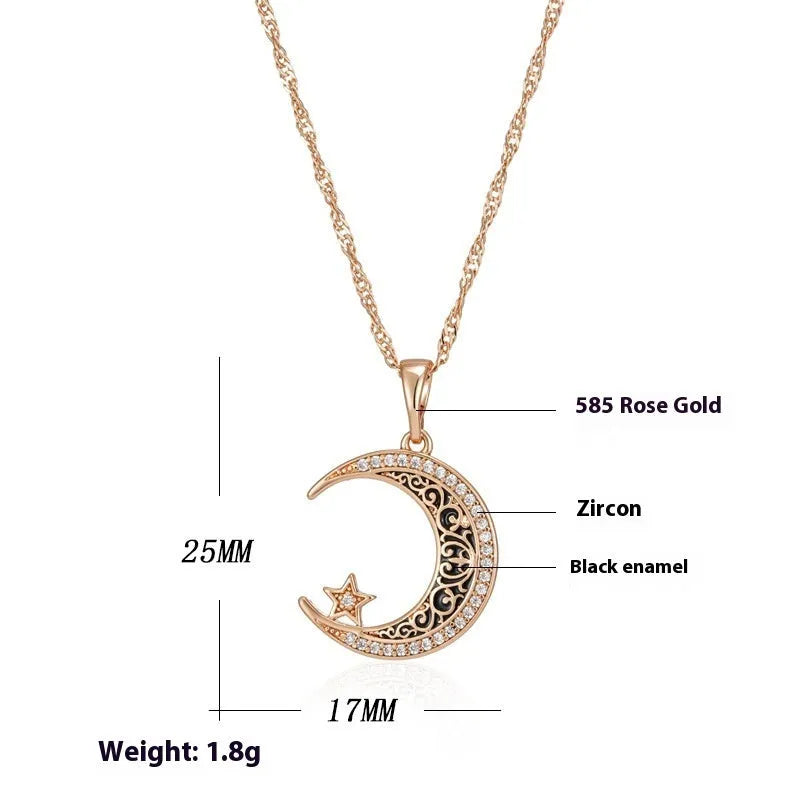 Rose gold star and moon necklace with zircon and enamel pendant on a water wave chain.