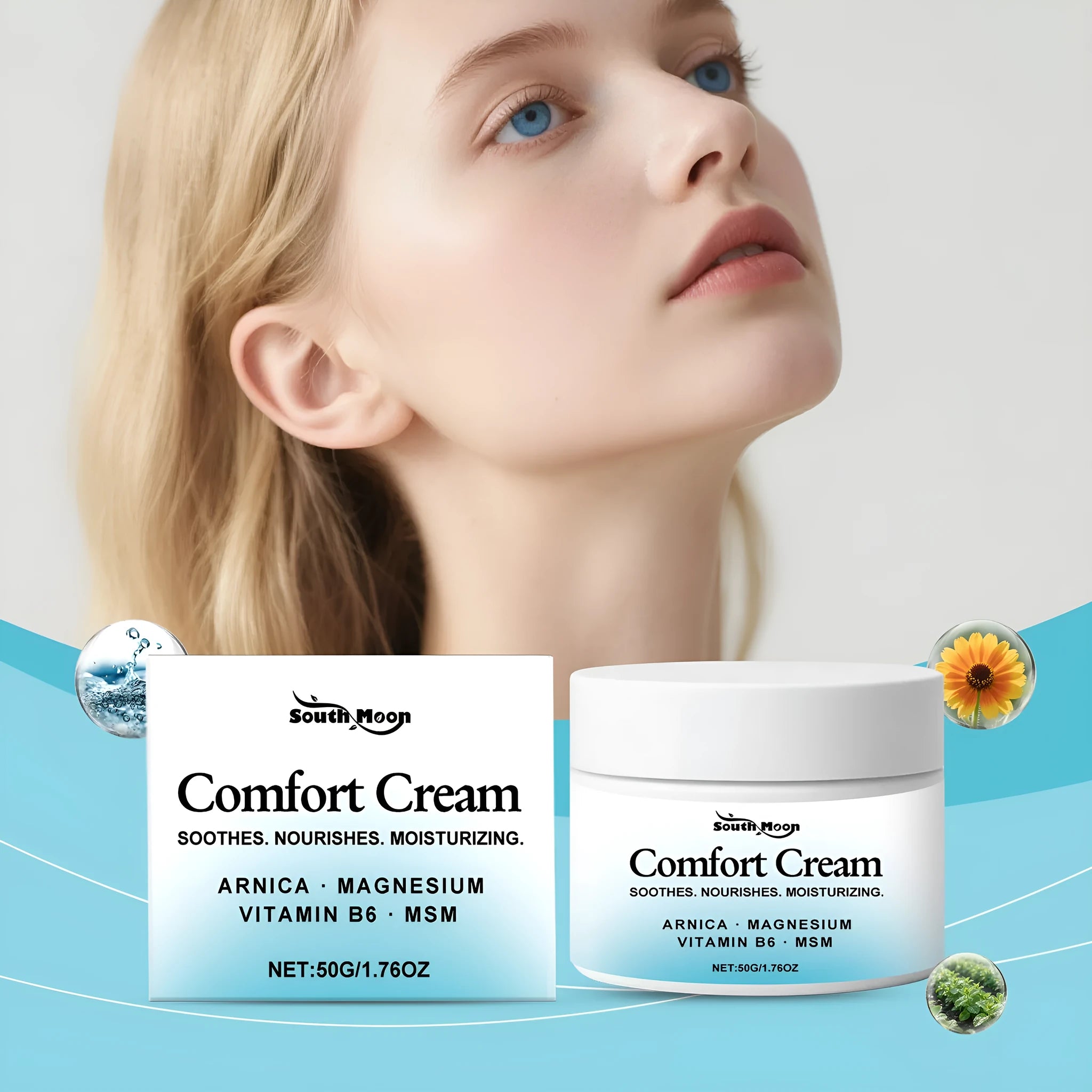 50g hydrating body moisturising cream jar with Shanjinchehua, Pyridoxine and Menthol ingredients