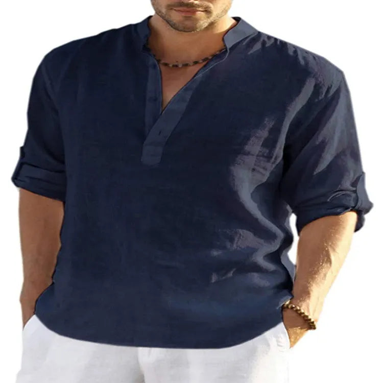 Men's casual cotton linen long sleeve shirt bundle in multiple colours with stand collar design