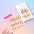 Detachable fake nails with pink 3D cartoon flowers, jelly glue, and filing strip on white background
