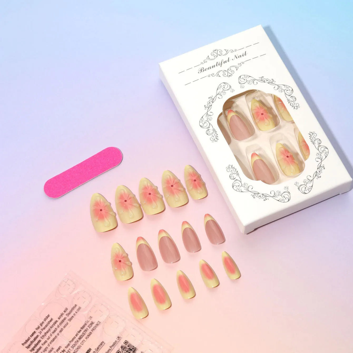 Detachable fake nails with pink 3D cartoon flowers, jelly glue, and filing strip on white background