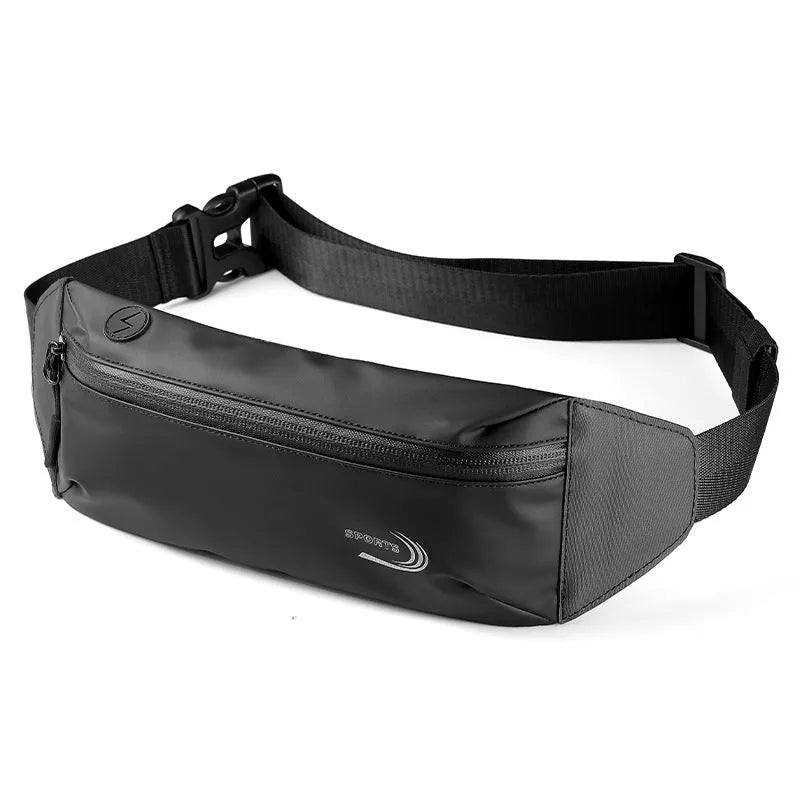 Men's black waterproof sports waist bag made from Derm Oxford polyester, shown from the side.