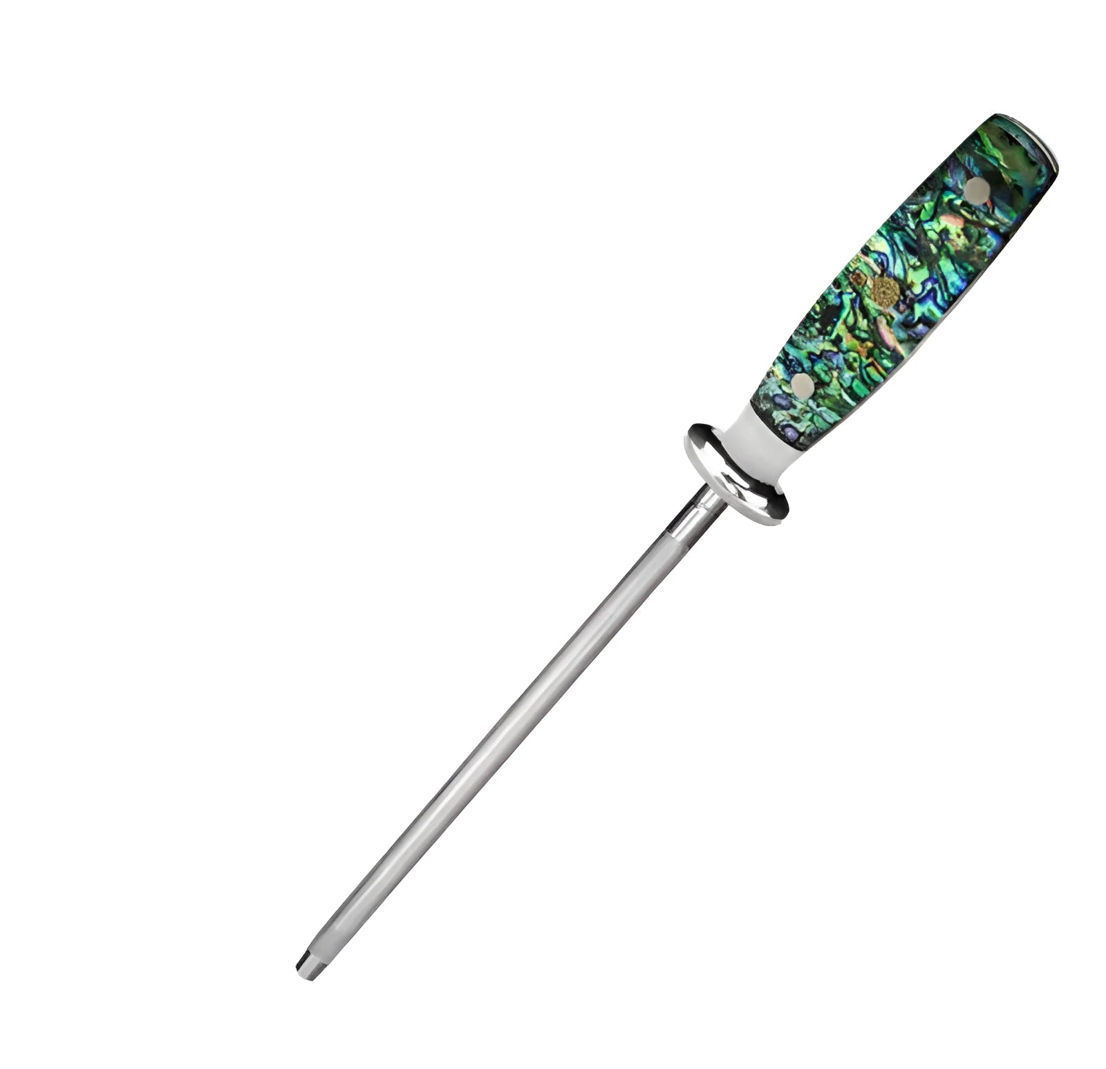 High carbon steel kitchen knife sharpener with abalone shell handle and diamond particles on blade