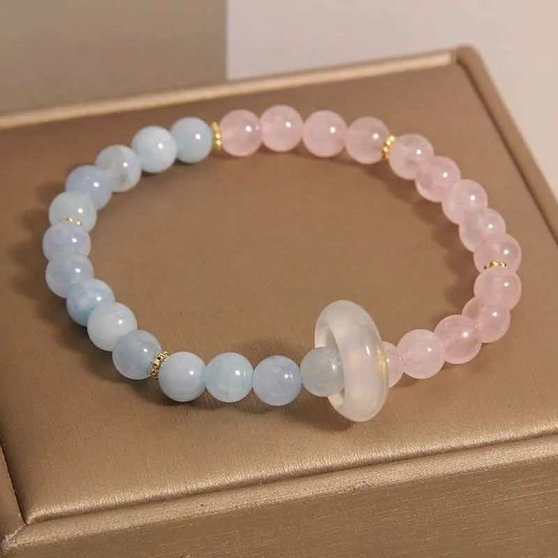 Women's light luxury handmade mixed material crystal bracelet with round beads in pink blue colour