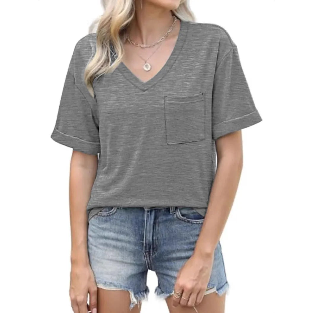 Grey loose fit V-neck short sleeve t-shirt on a hanger