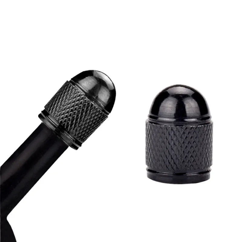 Aluminium alloy mountain bike tyre valve cap shown in five colour options: black, blue, gold, red, silver.