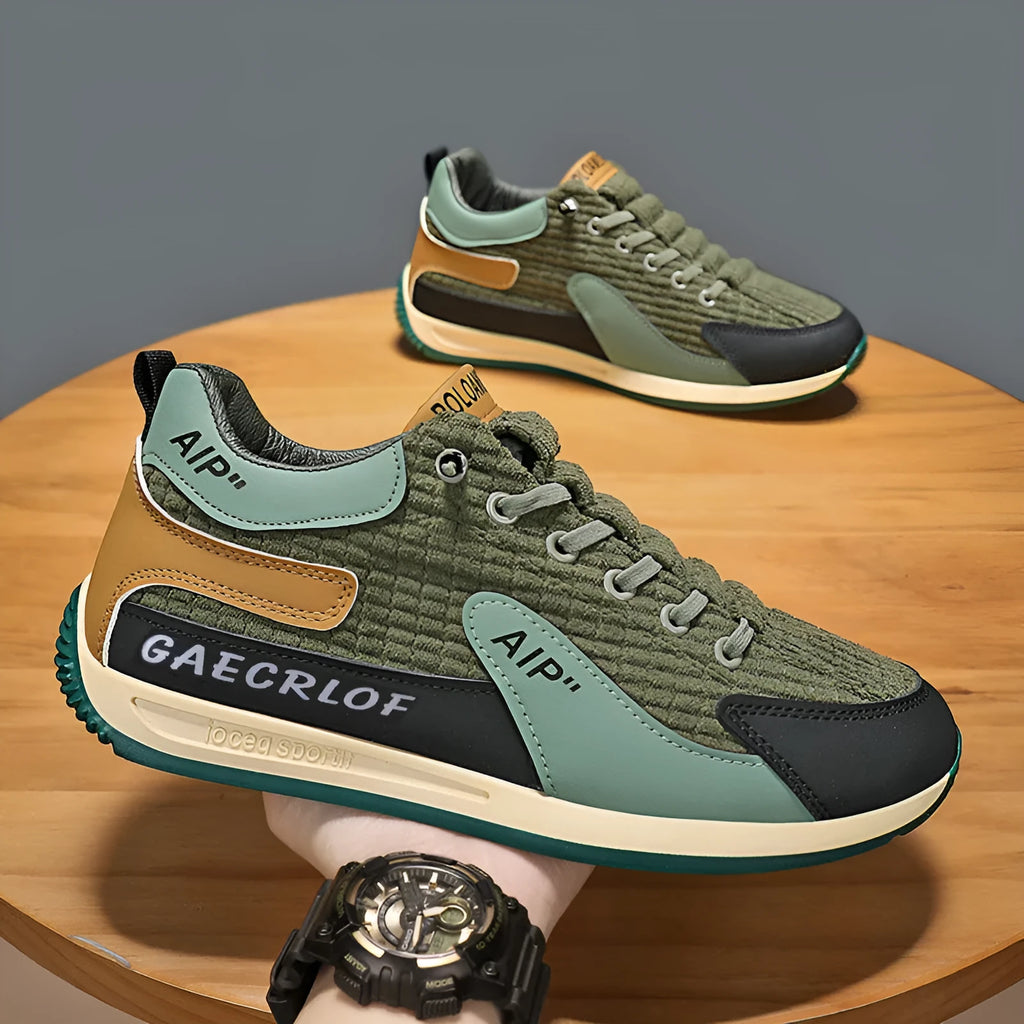 Men's grey mesh running shoes with lace-up design and round toe