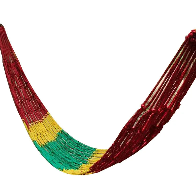 Nylon rope mesh hammock hanging between trees with bold weave pattern, showing 1.1m width