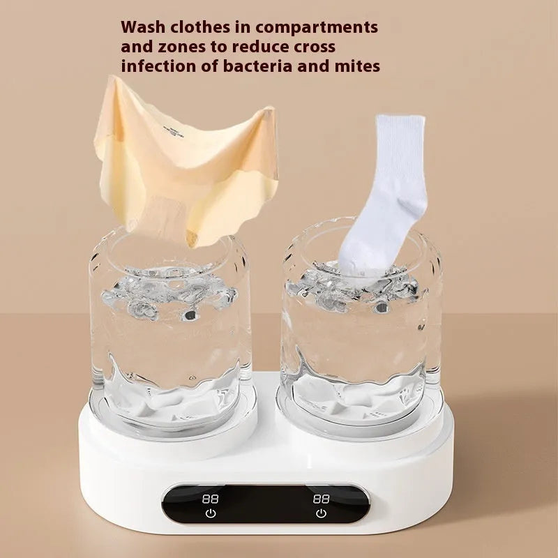White portable mini washing machine with double laundry buckets and USB power connection