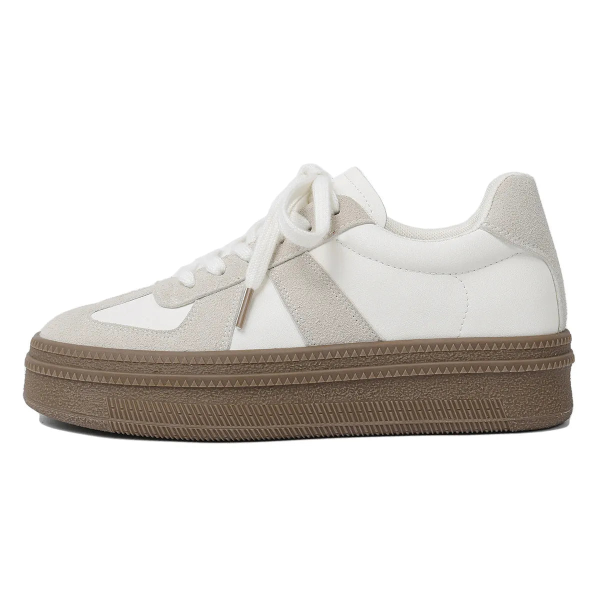 Retro round toe casual board shoes with cross shoulder straps, shown in milky white colour.