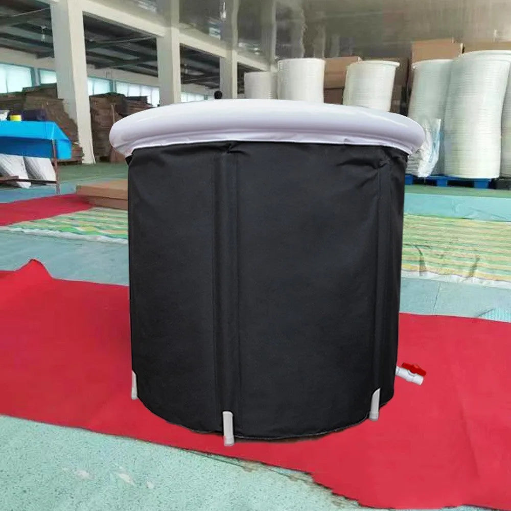 Portable inflatable ice bath in black, size 70x80cm, with weather lid, for outdoor recovery therapy