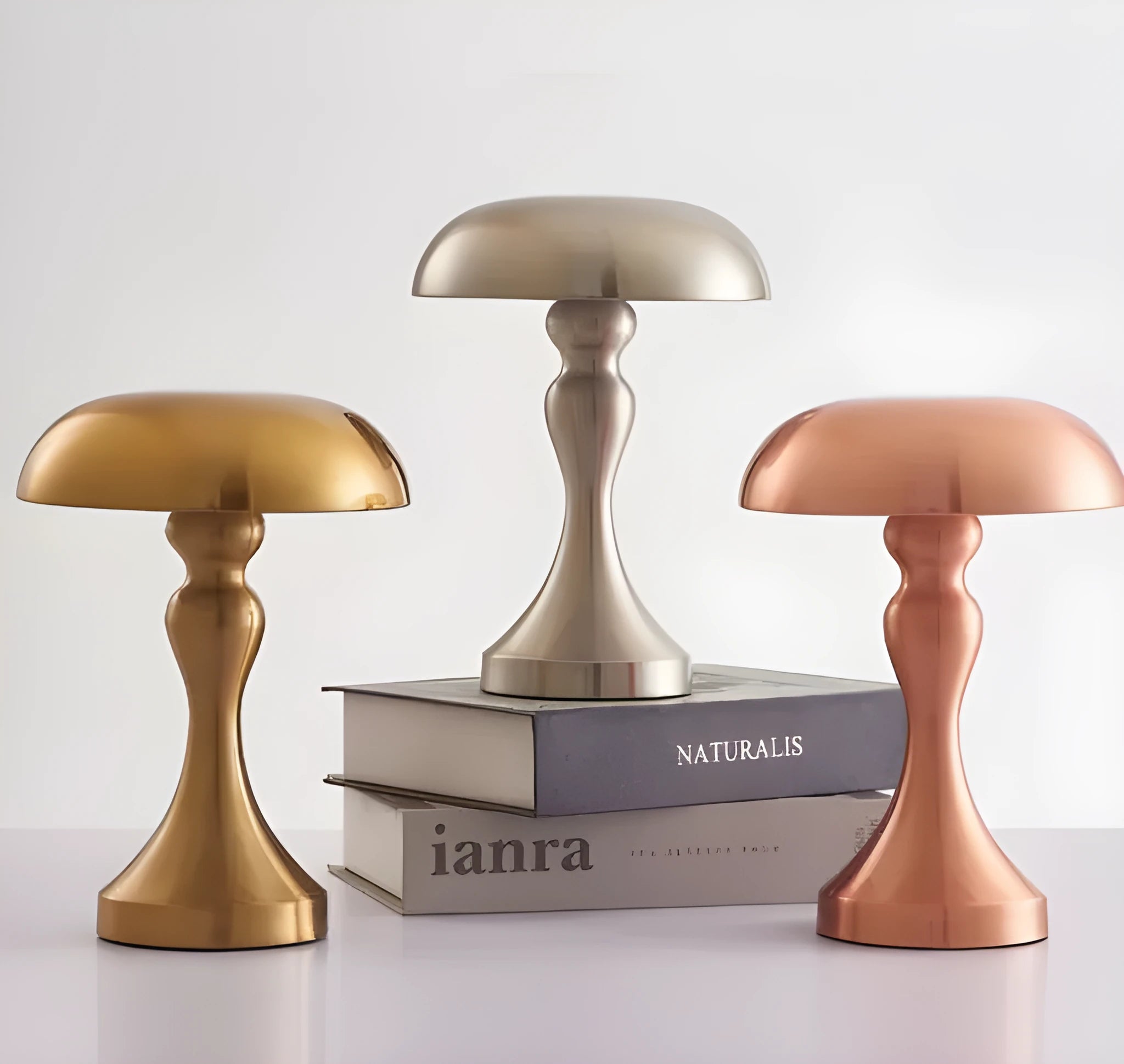 LED charging decorative desk lamp with touch control in bronze gold or silver finish showing tricolour dimming capability