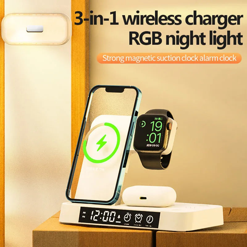 4-in-1 wireless charger station with foldable stand, alarm clock display, and RGB night light in white