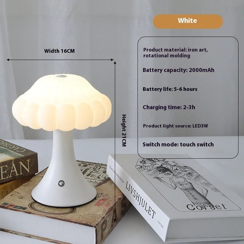 Mushroom-shaped touch night lamp with USB charging port in wood grain colour