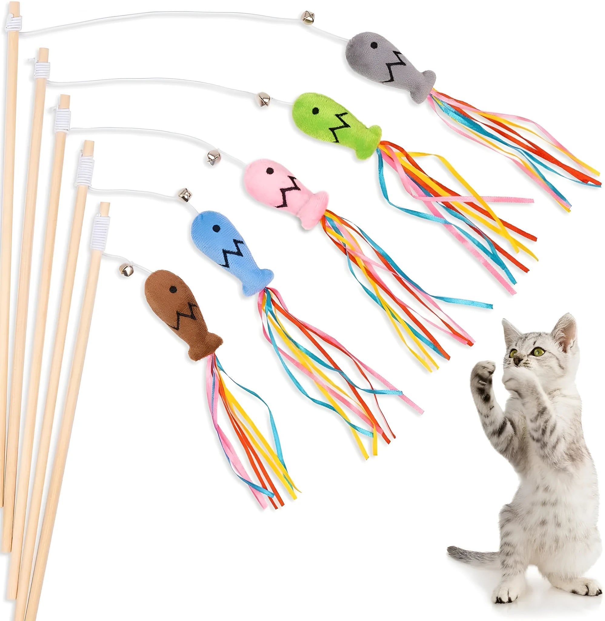 Colourful cat wand toy with wooden handle, elastic string, and a catnip fish with ribbons and a bell.