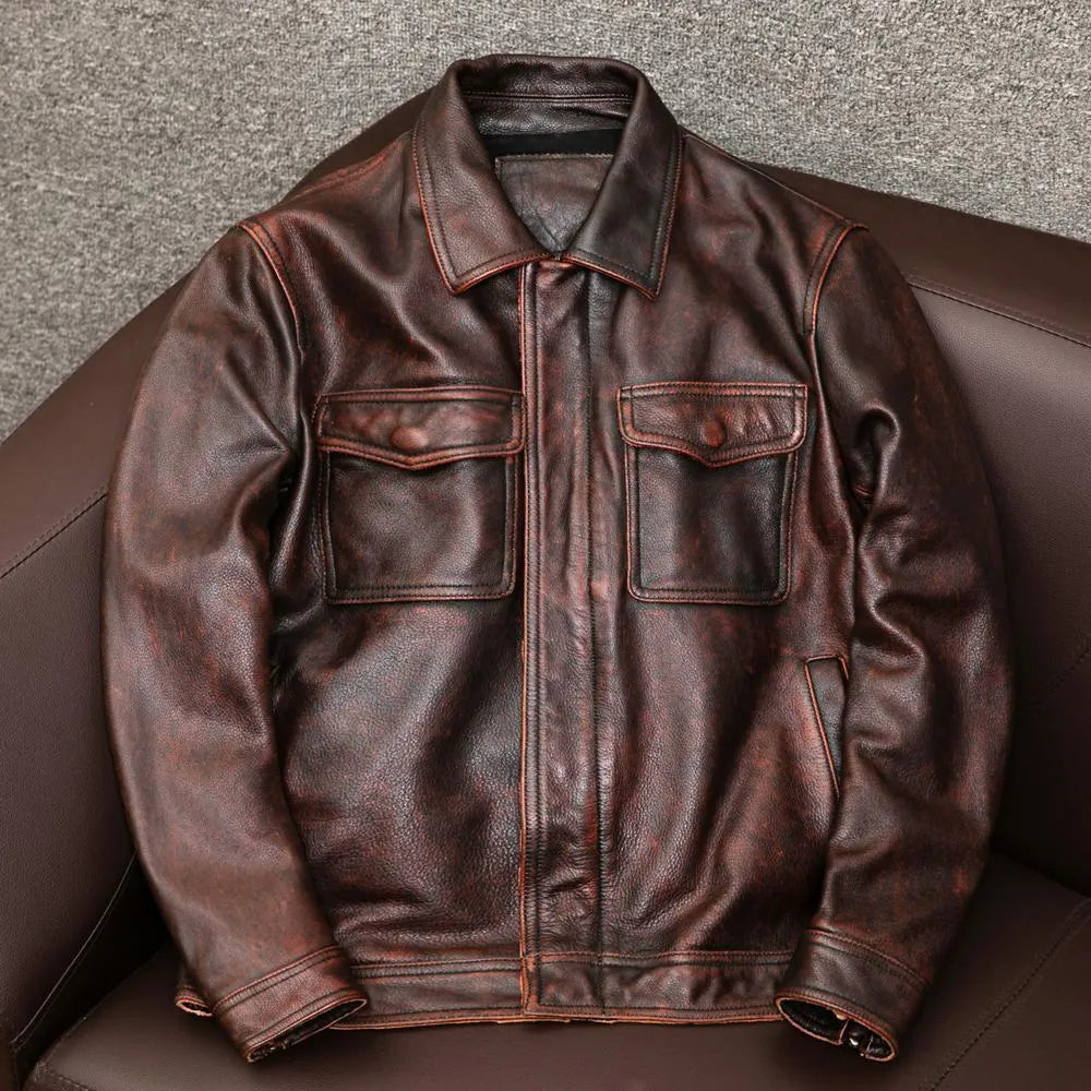 Men's black PU leather lapel jacket shown on a model, featuring side seam pockets and a loose fit.