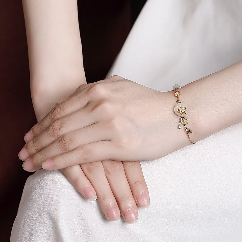 Hetian Jade Lotus Peace Buckle Bracelet 925 Silver gold plated retro women's jewellery