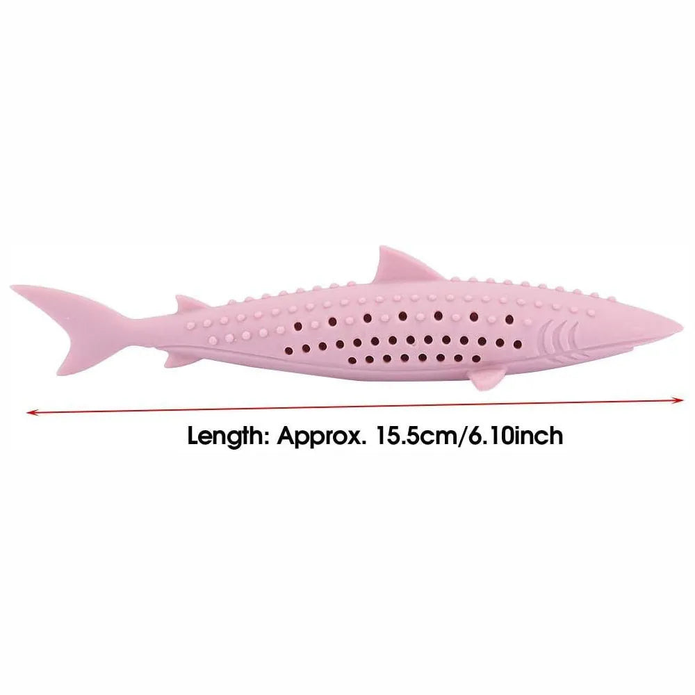 Green silicone fish-shaped chew toy for cats with breathable side holes