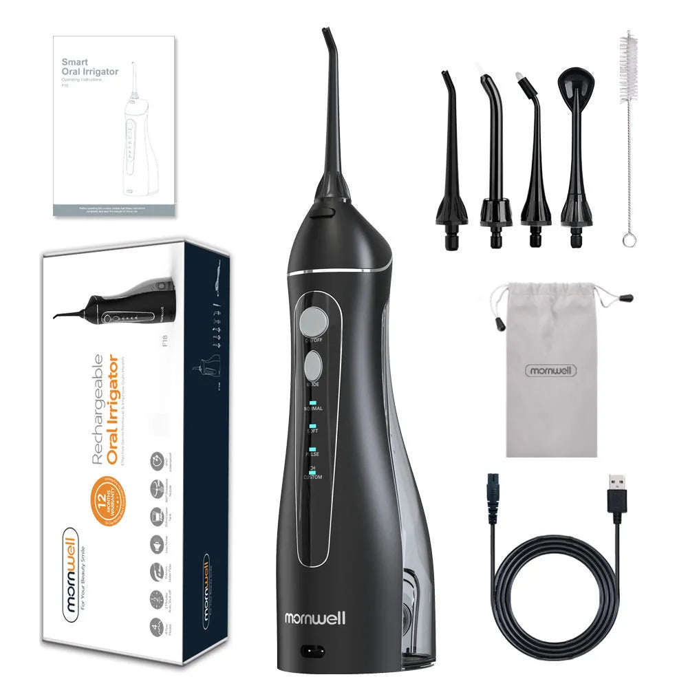 Portable electric water pick oral irrigator in black with rechargeable battery for adult home use