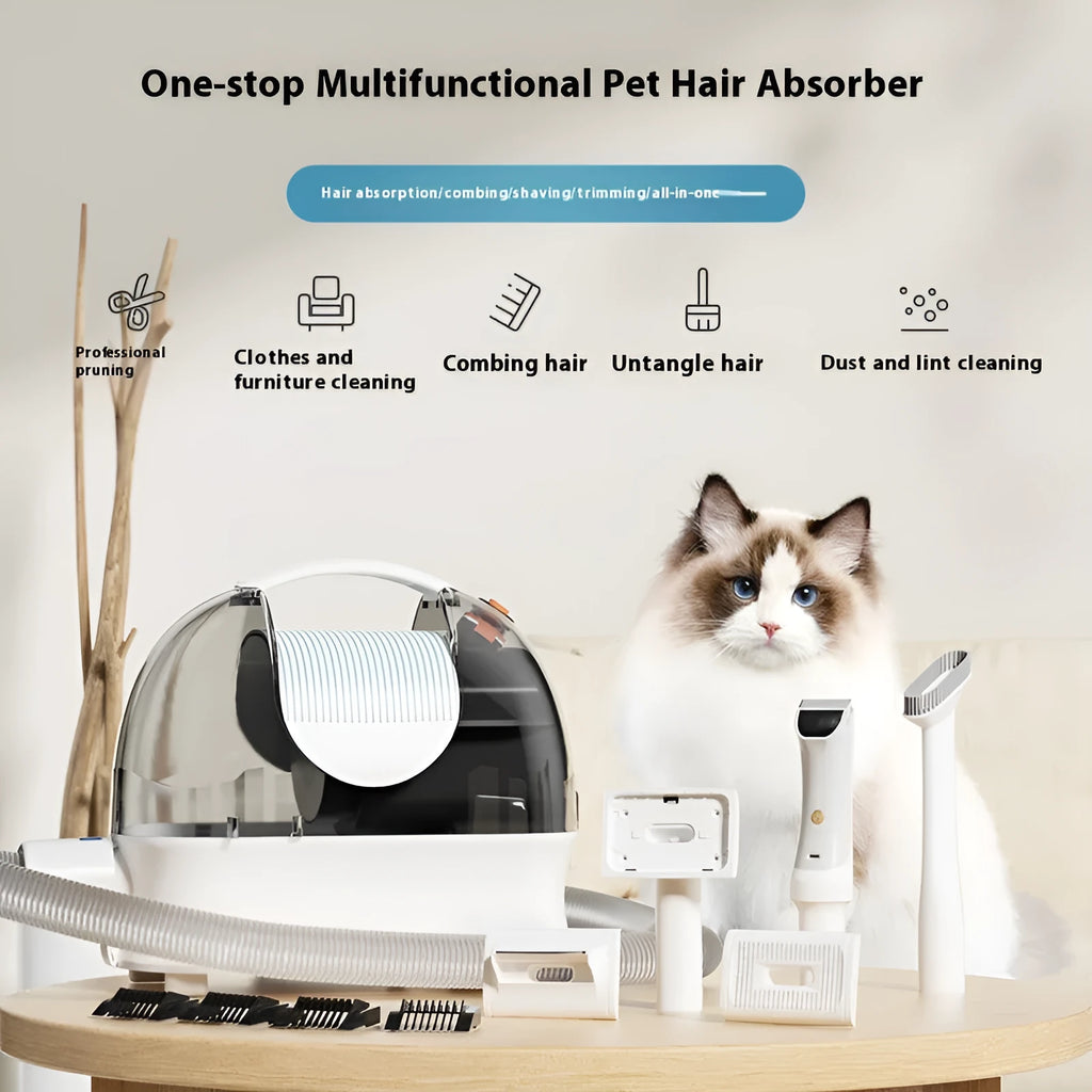 Pink and white pet grooming vacuum cleaner with electric clippers, flat suction head, and grooming tools on a white background