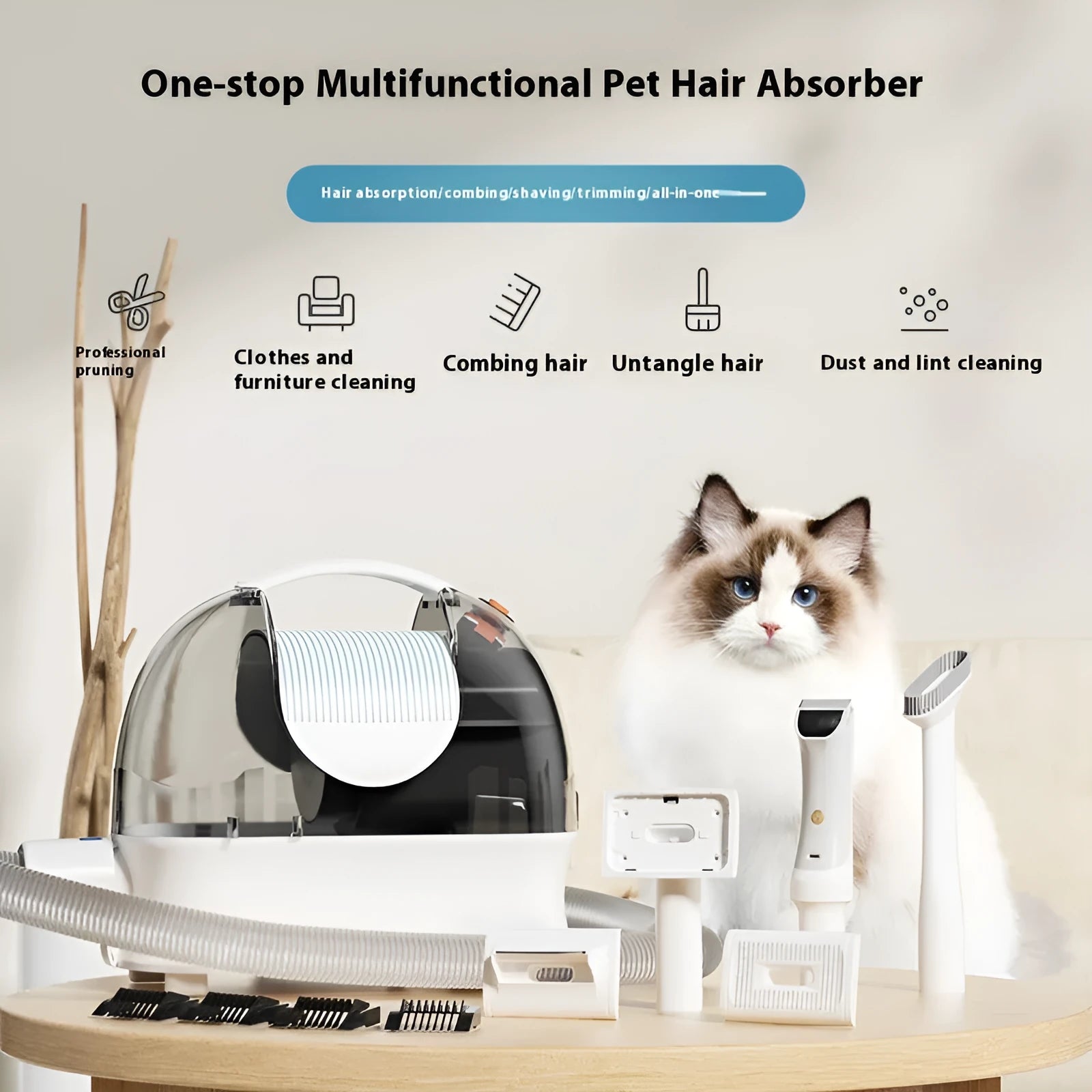Pink and white pet grooming vacuum cleaner with electric clippers, flat suction head, and grooming tools on a white background