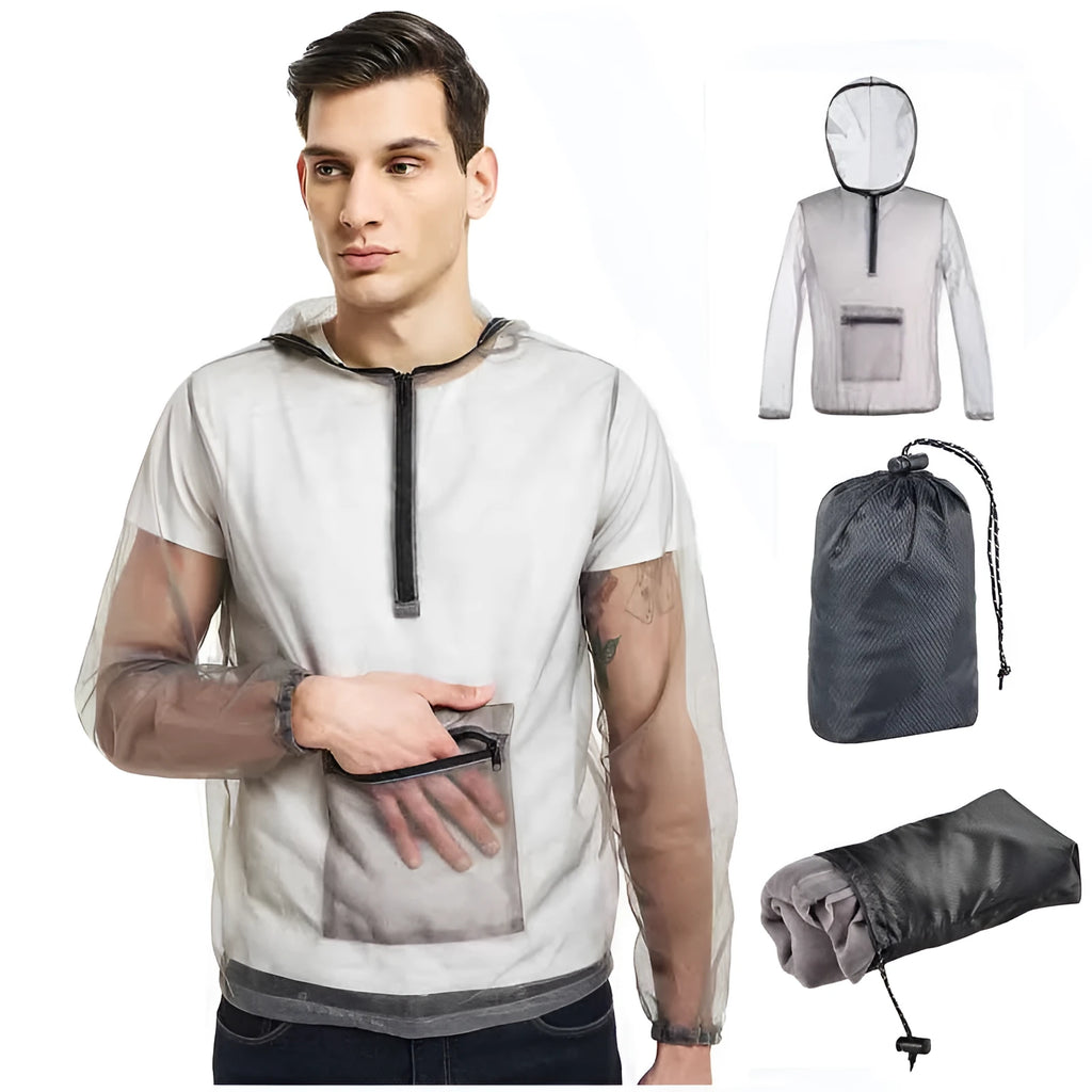 Gray mesh insect bite jacket for outdoor camping, hiking, and fishing