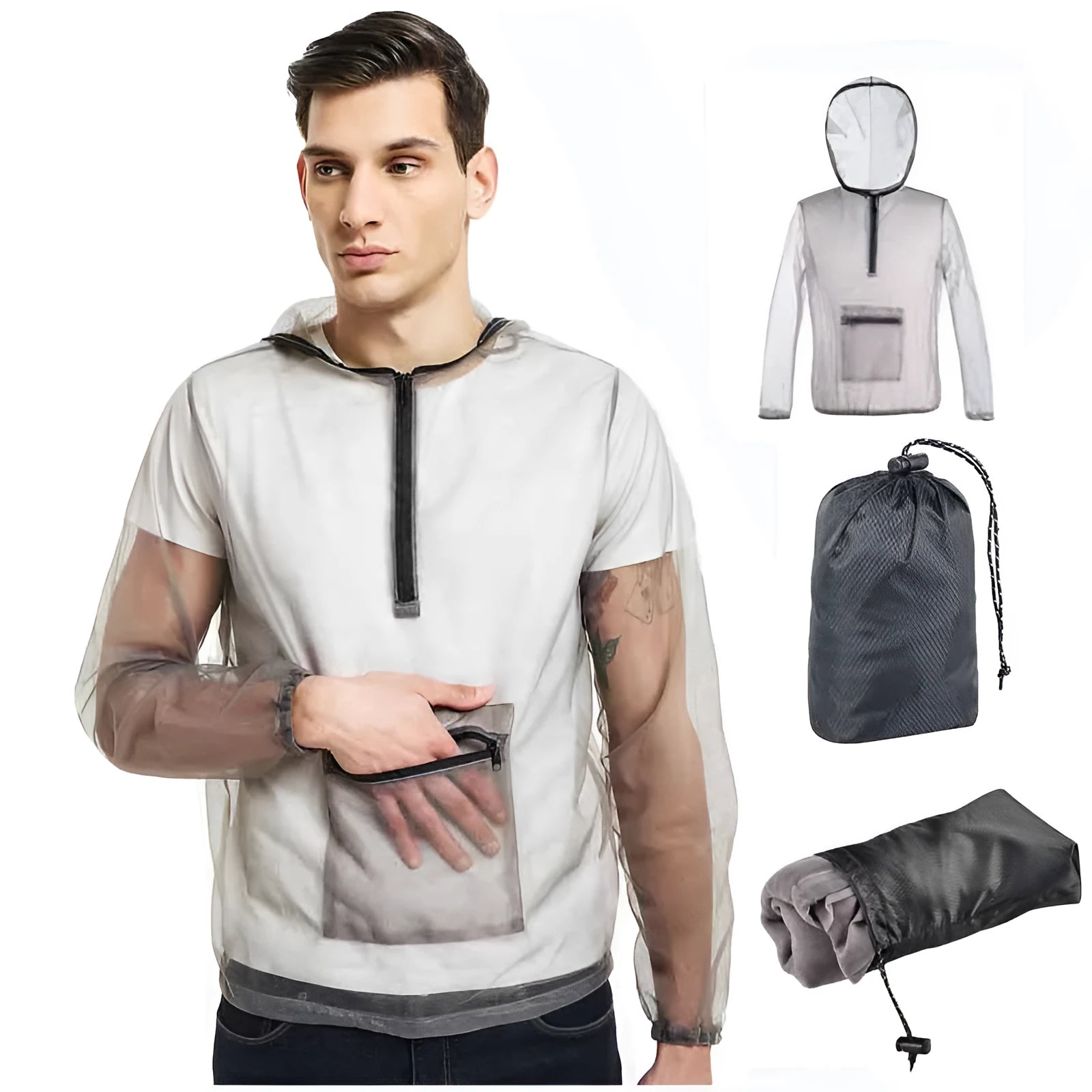 Gray mesh insect bite jacket for outdoor camping, hiking, and fishing