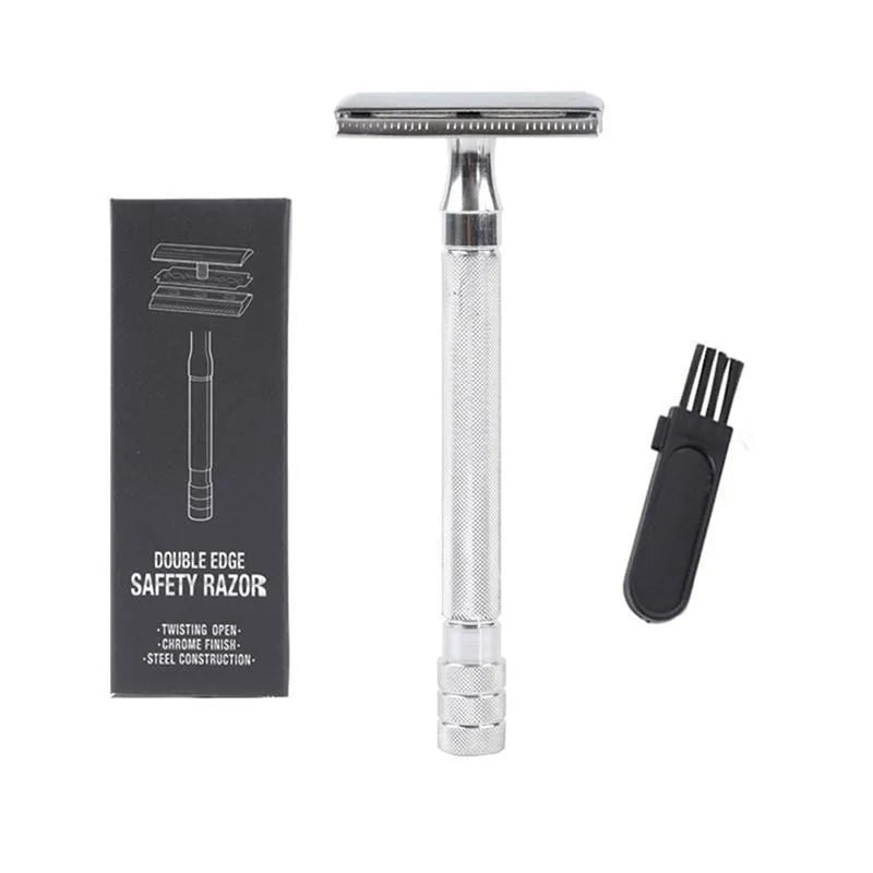 Manual shaving razor with brush combination in black or silver metal finish