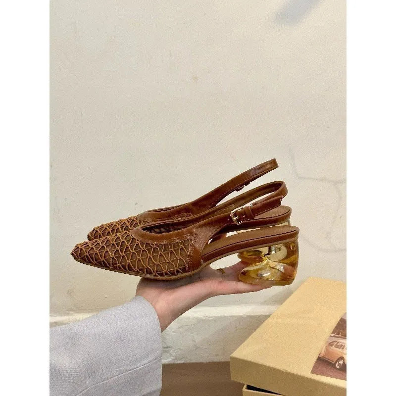 Square toe woven toe cap slingback sandals for women in brown with microfiber upper and rubber sole