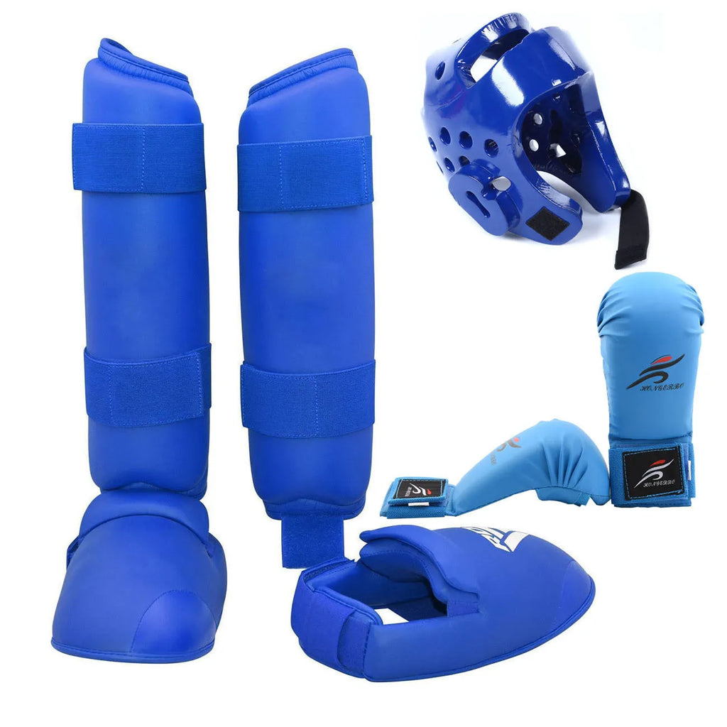 Red martial arts protective gear set including leg guard, helmet and gloves for karate and taekwondo training