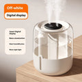 Beige round USB humidifier with dual spray nozzles and a front humidity display panel.
