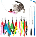 Handheld cat teasing fishing rod set with two poles and a selection of feather heads.