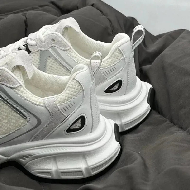 Polar Wave beige mesh platform sports shoes with a wedge heel and lace-up front.