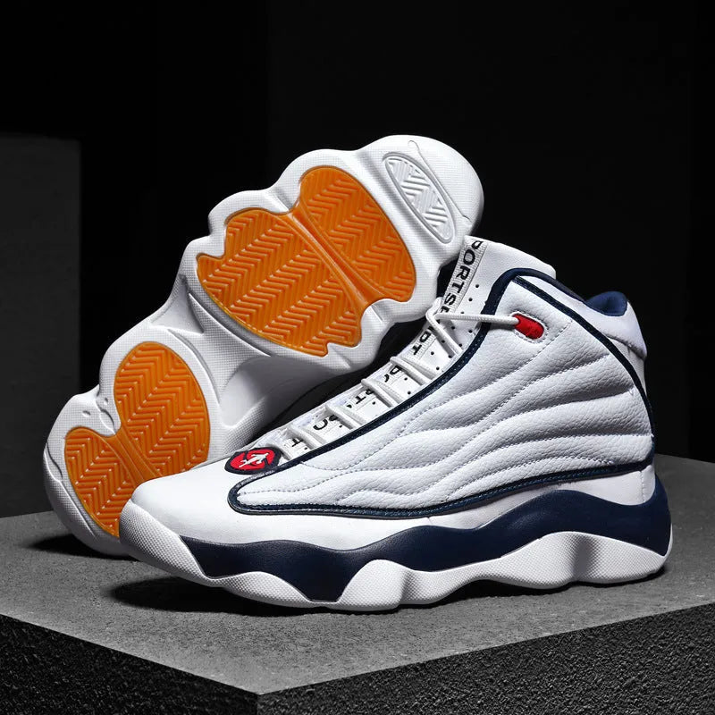 Men's high-top basketball shoes with thick rubber sole and mesh upper in AJ13 colour options