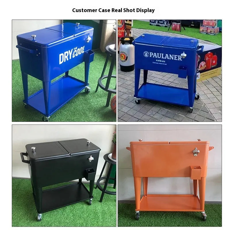 Red outdoor metal insulated trolley cart with handle, shown as a picnic cooler and ice bucket.