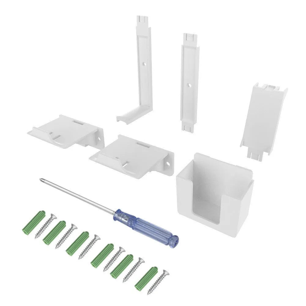 White ABS plastic wall hook holding a black game controller and TV remote.