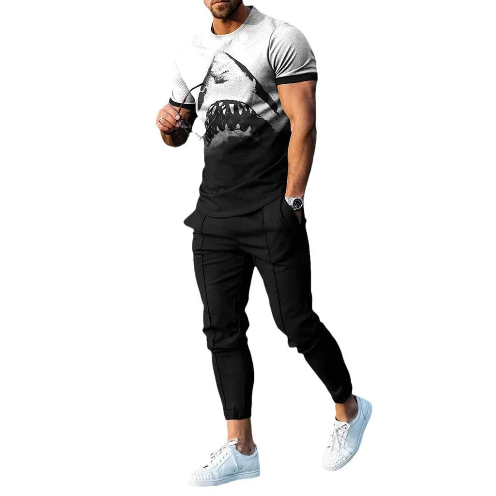 Man wearing a short-sleeved printed pullover and matching trousers from a polyester sport suit set.