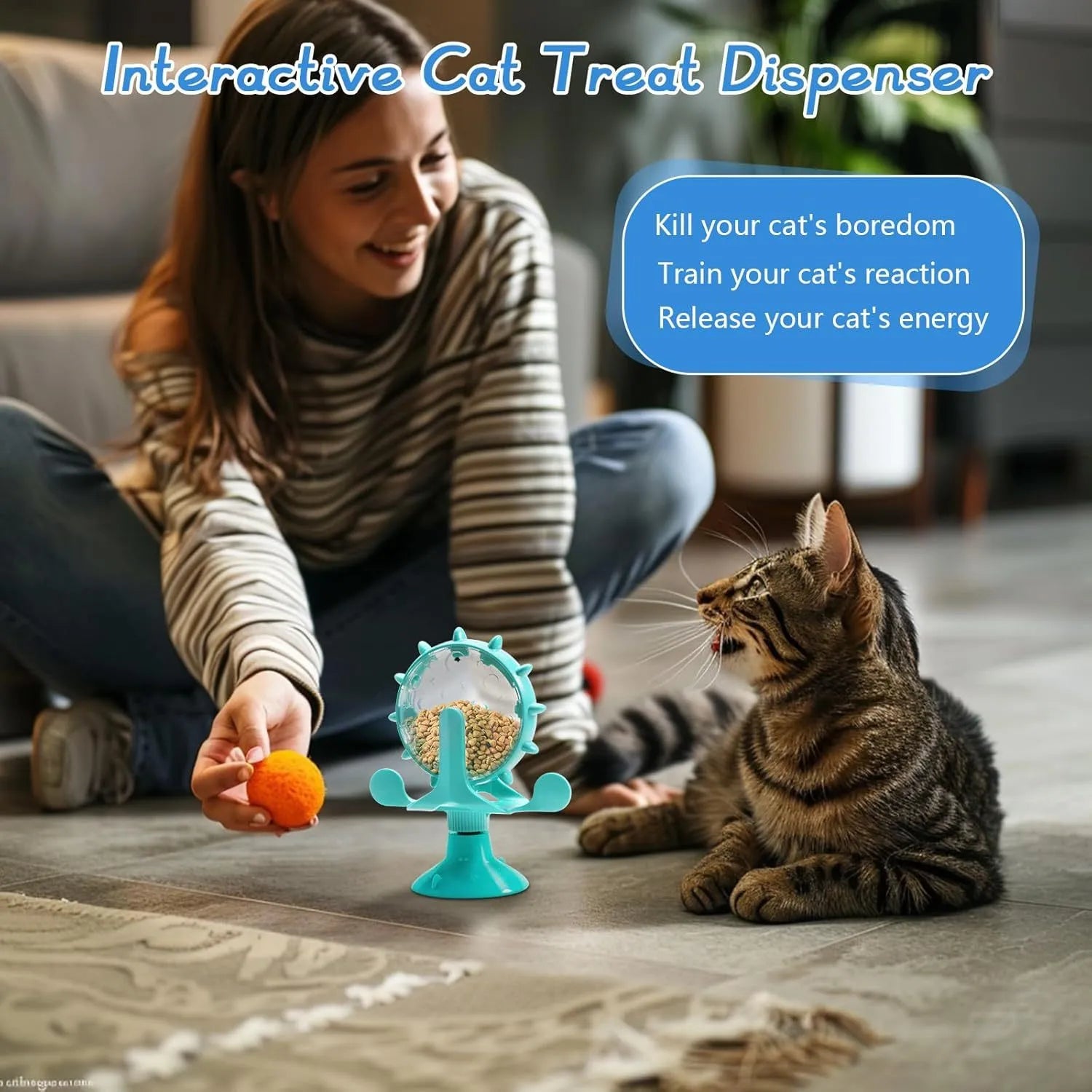Interactive pet puzzle feeder toy with rotating food dispenser and sucker base in blue green red yellow