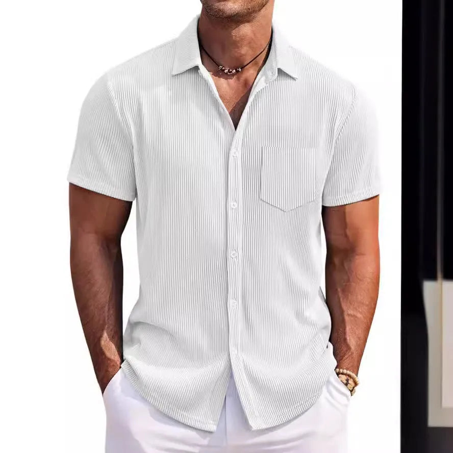 Men's loose vertical stripe short sleeve shirt in solid colour, polyester fabric, young casual style
