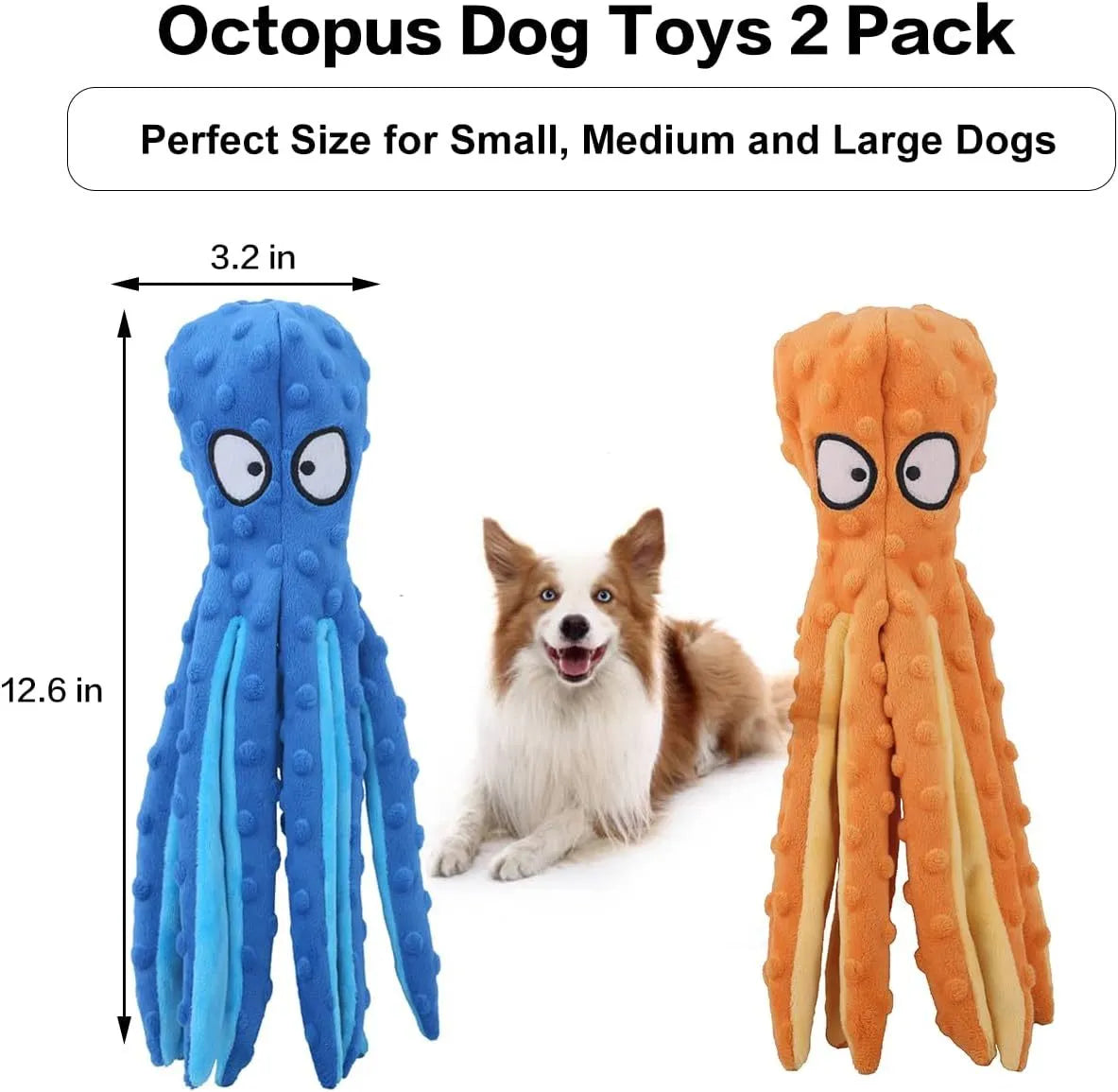 Blue octopus plush dog toy with no stuffing, featuring crinkle paper and squeaker sounds for interactive chew play.