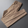Men's casual linen striped trousers in blue gray with elastic waist and straight leg
